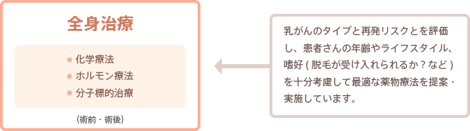 乳がんのタイプと再発リスクとを評価し、患者さんの年齢やライフスタイル、嗜好（脱毛が受け入れられるか？など）を十分考慮して最適な薬物療法を提案・実施しています。